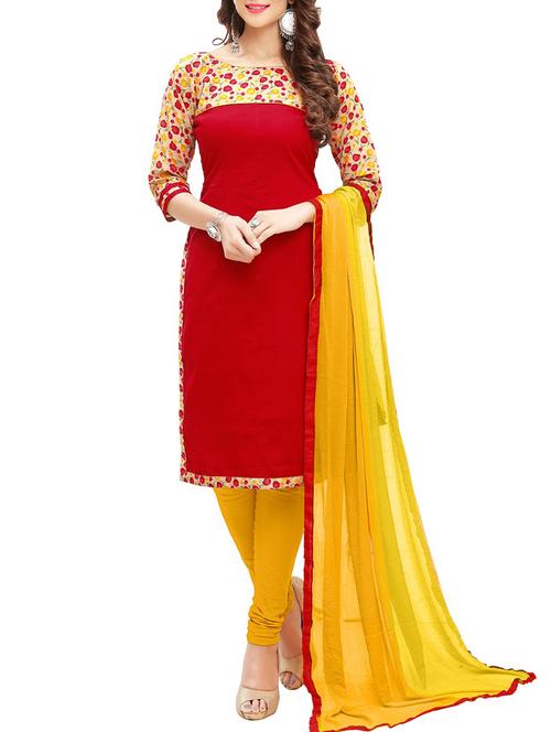 red cotton printed churidaar suit dress material - 13406429 - Very Small Image - 1