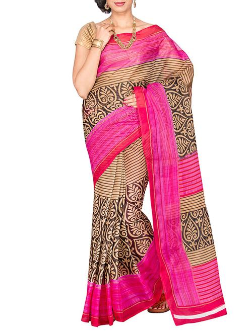 pink cotton blend printed saree with blouse - 13408702 - Standard Image - 1