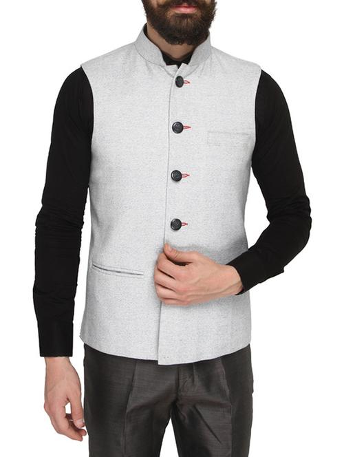 solid grey terry rayon nehru jacket - 13411582 - Standard Image - 1