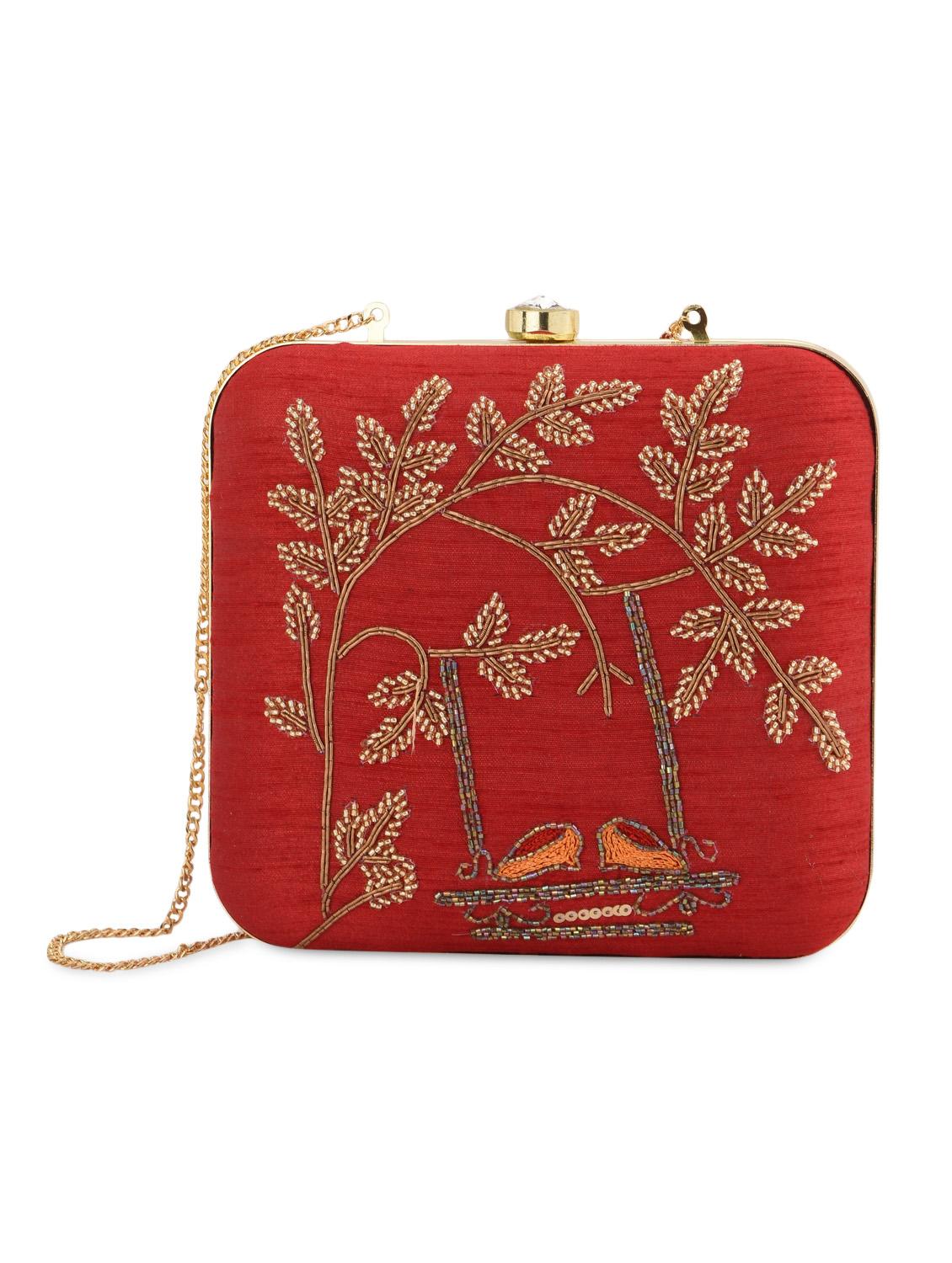 red embellished box clutch