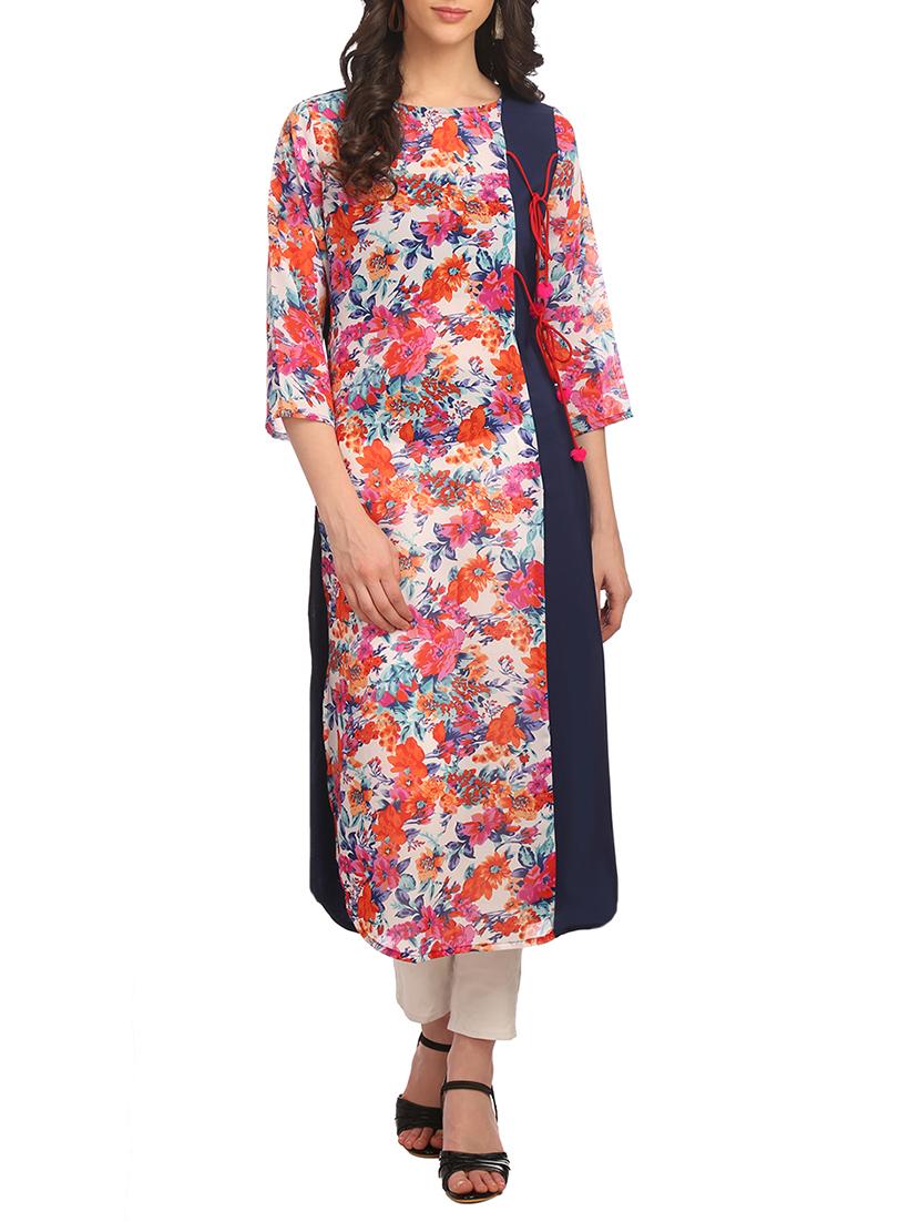 pink crepe floral printed long kurta