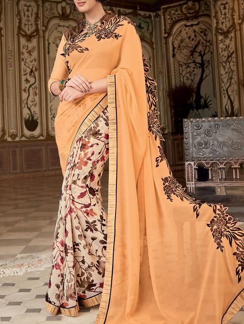 peach & beige georgette printed half and half saree with blouse - 13437622 - Standard Image - 1