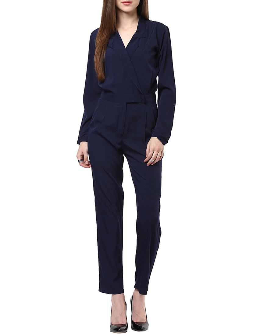navy blue crepe full leg jumpsuit - 13440596 - Zoom Image - 1