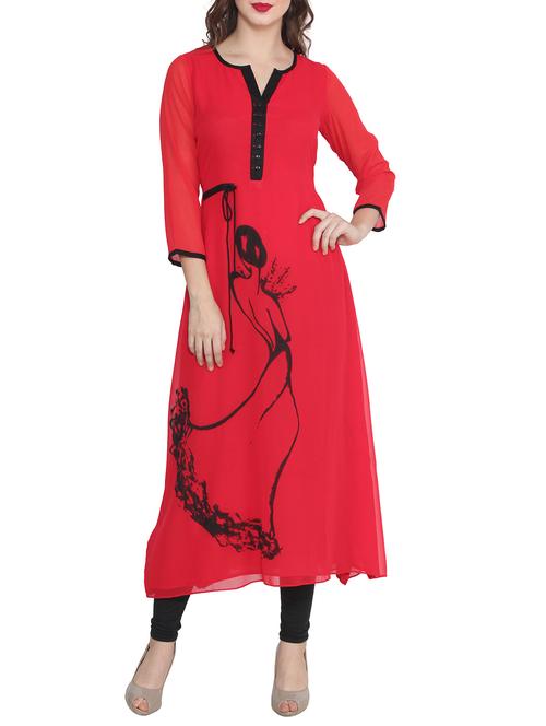 red poly georgette printed long kurta - 13443579 - Standard Image - 1