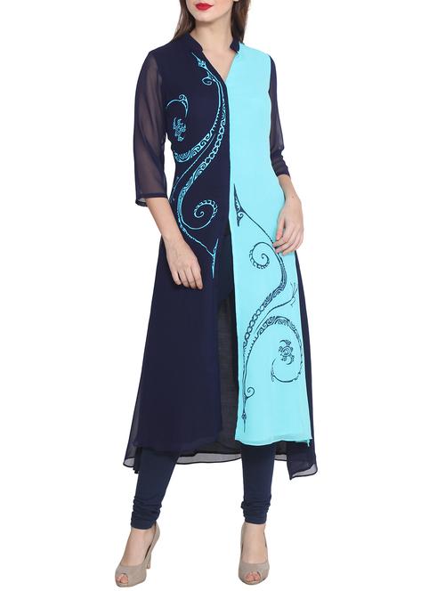 blue poly georgette printed a-line kurta - 13443580 - Standard Image - 1