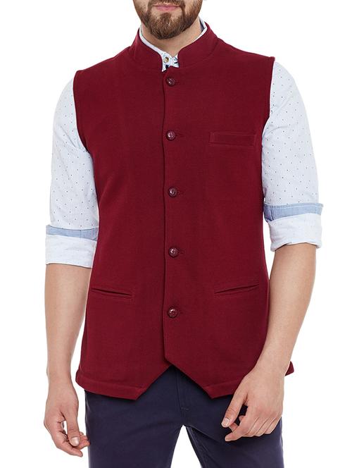 cherry red cotton nehru jacket - 13444713 - Standard Image - 1
