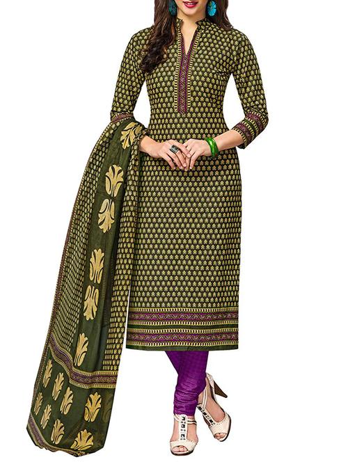 green cotton printed unstitched suit - 13460059 - Standard Image - 1