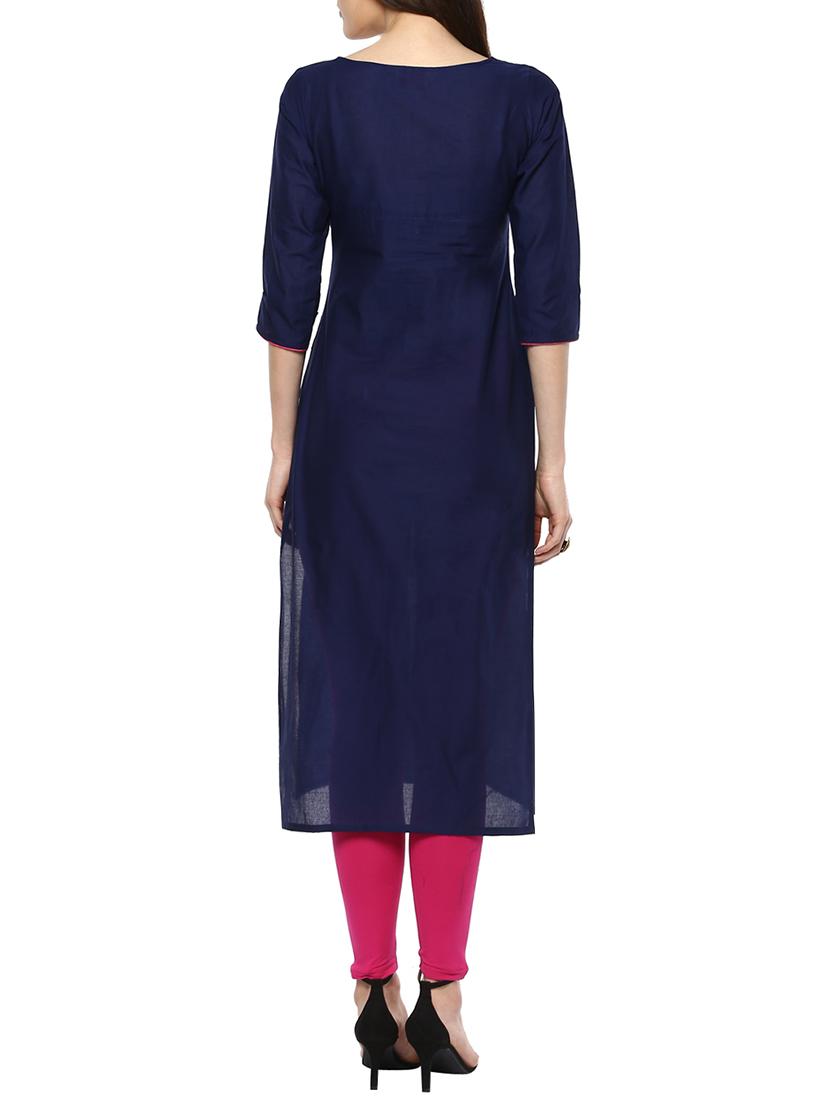 blue cotton embroidered straight kurta - 13461000 - Zoom Image - 2
