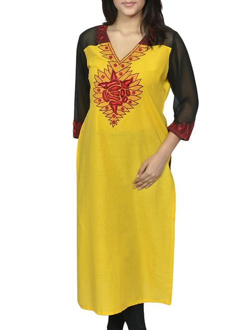 yellow cotton straight kurta - 13466444 - Standard Image - 1