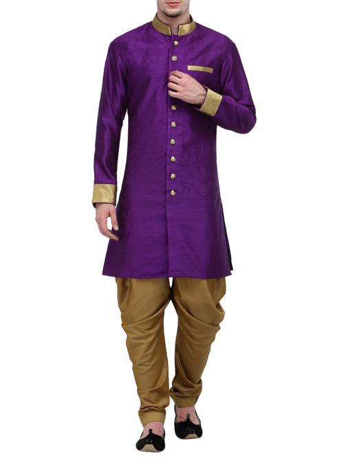 purple silk blend sherwani ethnic wear set - 13468568 - Standard Image - 1