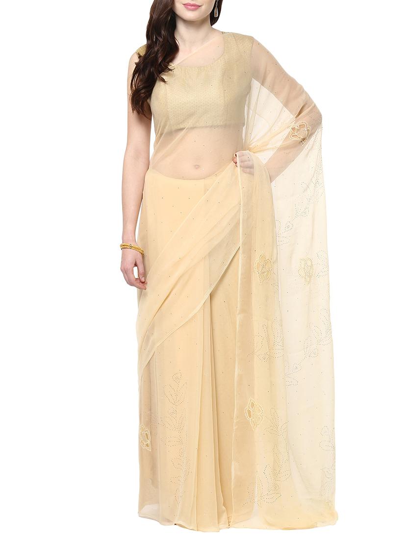 beige chiffon embroidered saree with blouse - 13479685 - Zoom Image - 1