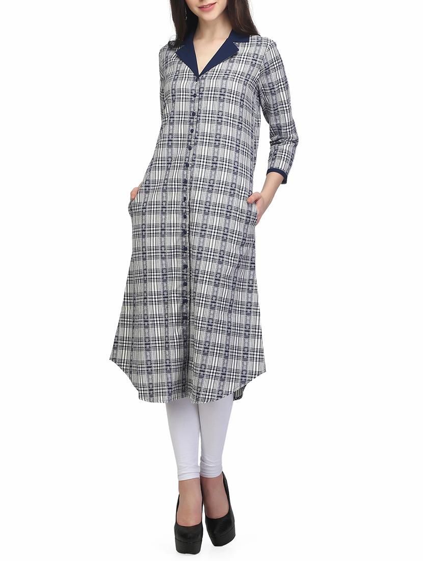blue cotton aline kurta - 13480143 - Zoom Image - 1