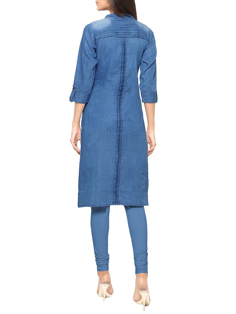 blue denim straight kurta - 13501092 - Zoom Image - 3