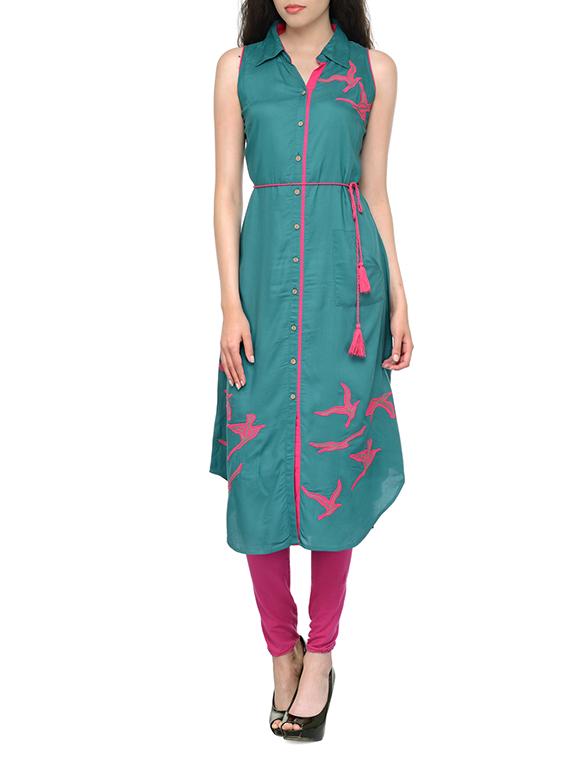 embroidered shirt collor kurta - 13549938 - Zoom Image - 1