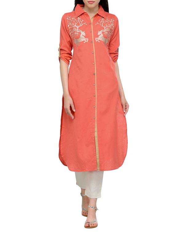 peach cotton straight kurta - 13549949 - Zoom Image - 1