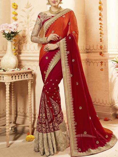 red faux georgette embroidered saree with blouse - 13554136 - Standard Image - 1