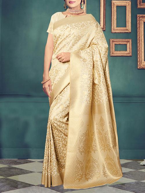 gold bordered banarasi saree with blouse - 13650006 - Very Small Image - 1