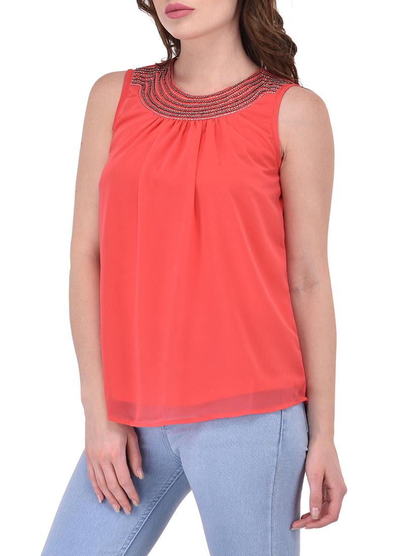 solid peach georgette top - 13650269 - Zoom Image - 2