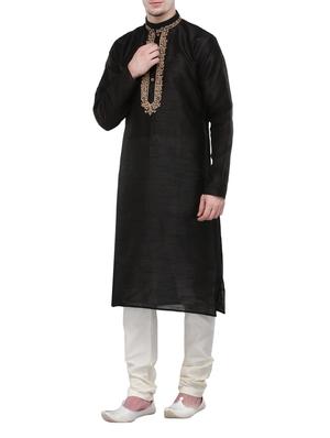 black silk blend kurta pyjama set - 13665661 - Standard Image - 2