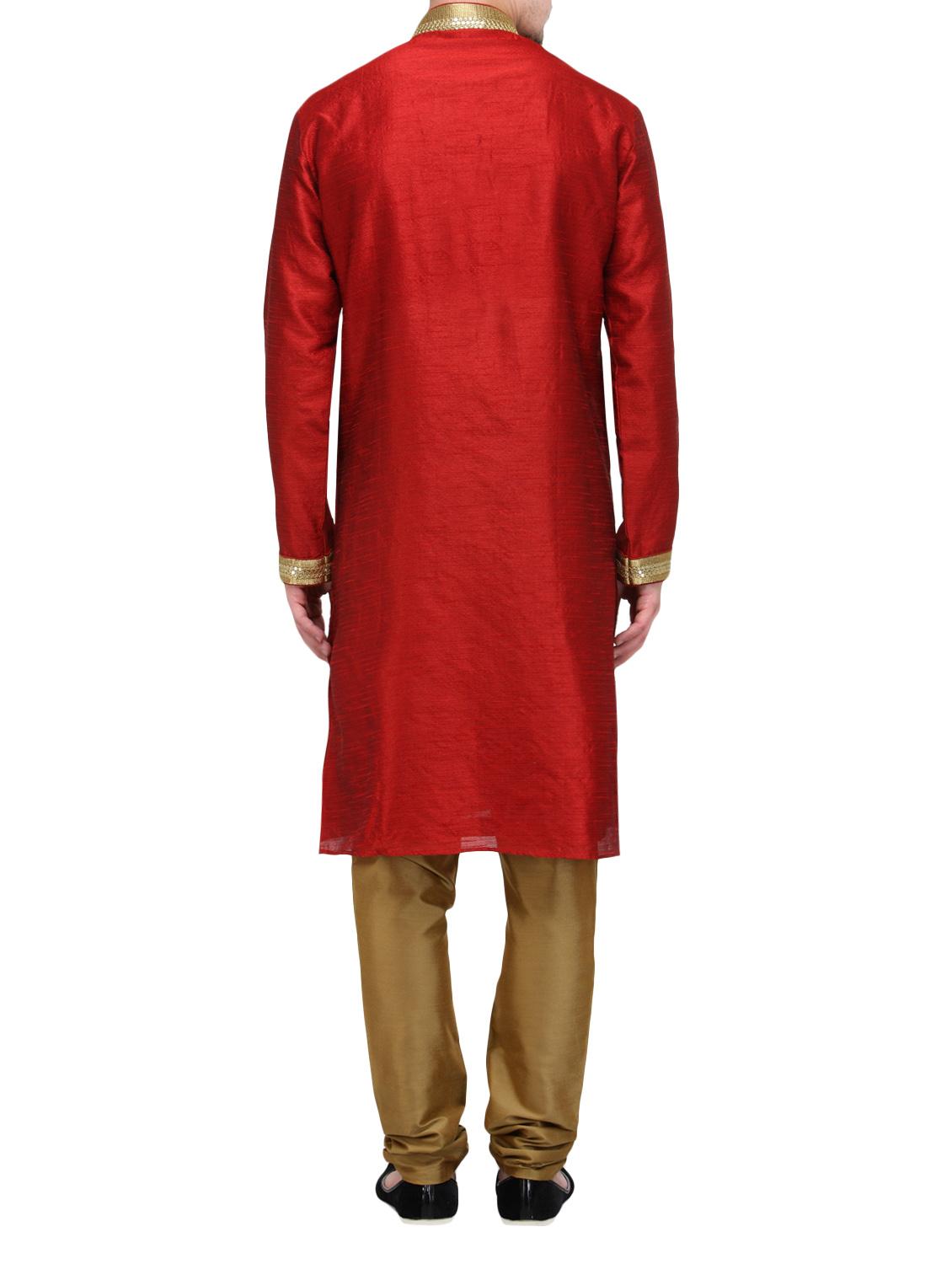 red silk blend kurta pyjama set - 13665668 - Zoom Image - 3