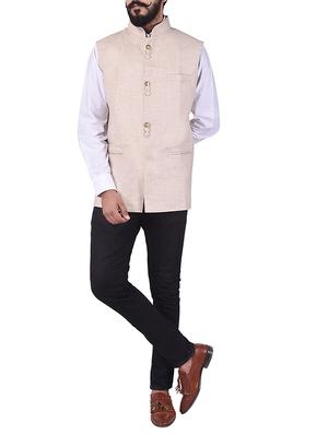 beige cotton nehru jacket - 13665859 - Standard Image - 4