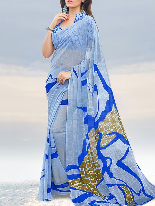 grey georgette printed saree with blouse - 13669958 - Standard Image - 1