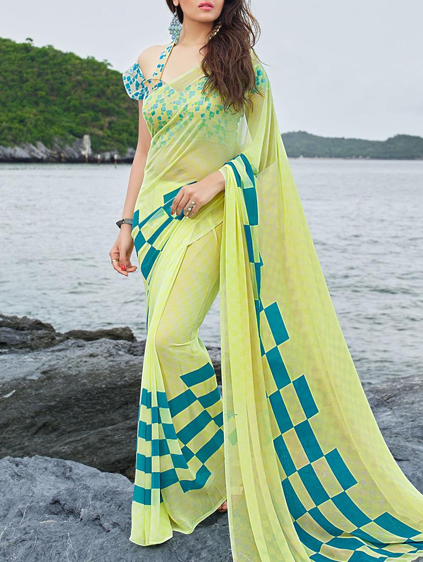 yellow georgette printed saree with blouse - 13669961 - Zoom Image - 1