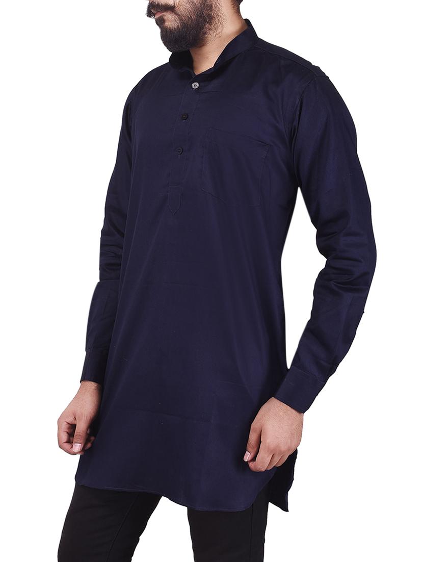 solid navy blue cotton kurta - 13672877 - Zoom Image - 2