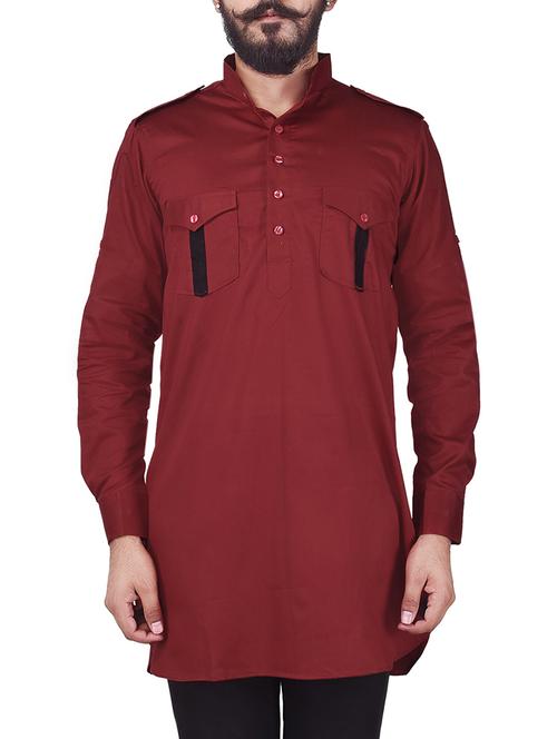 solid maroon cotton pathani kurta - 13672878 - Standard Image - 1