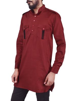 solid maroon cotton pathani kurta - 13672878 - Standard Image - 2