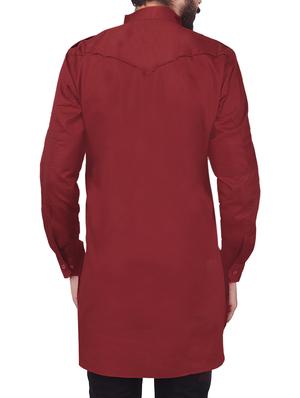 solid maroon cotton pathani kurta - 13672878 - Standard Image - 3