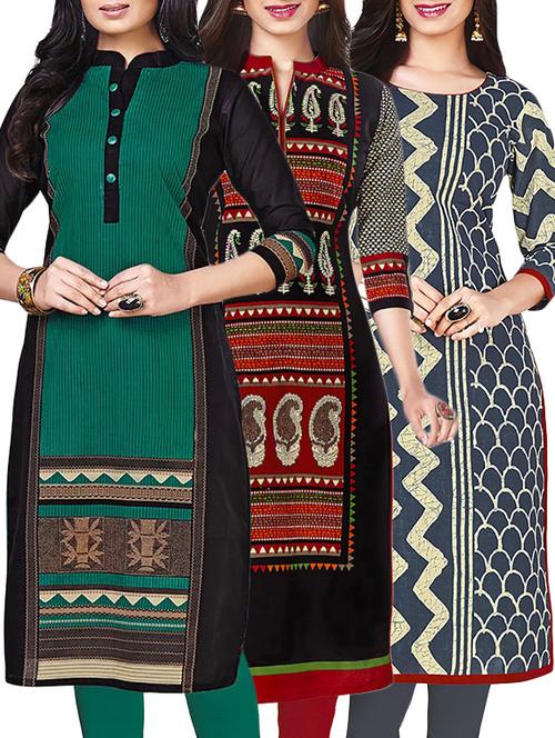 Combos (Set Of 3 ) Multi Colored Cotton Unstitched Kurta - 13673532 - Standard Image - 1