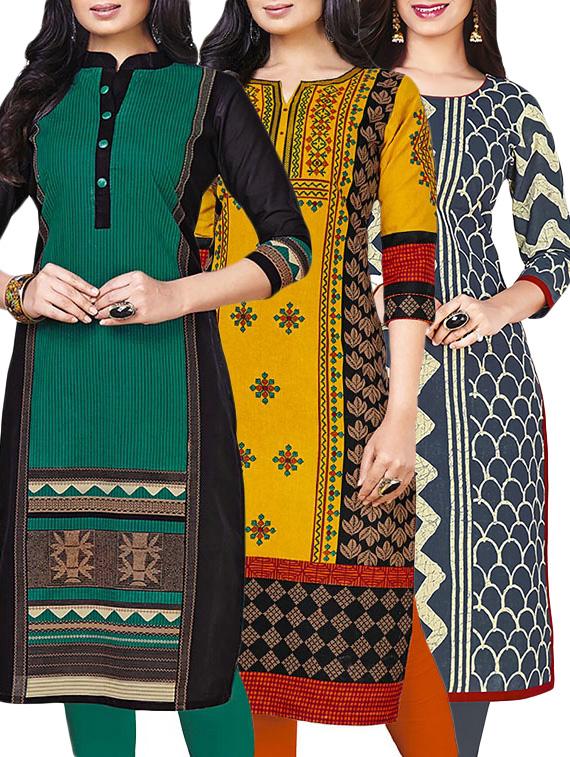 combos (set of 3 ) multi colored cotton unstitched kurta - 13673867 - Zoom Image - 1
