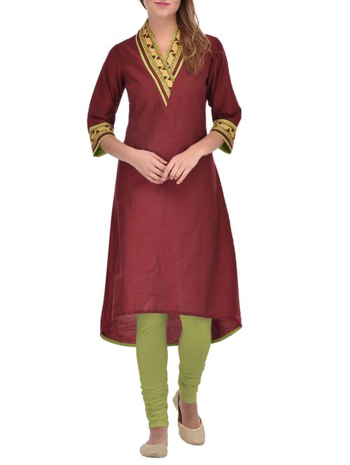 maroon silk embroidered high-low kurta - 13690716 - Very Small Image - 1
