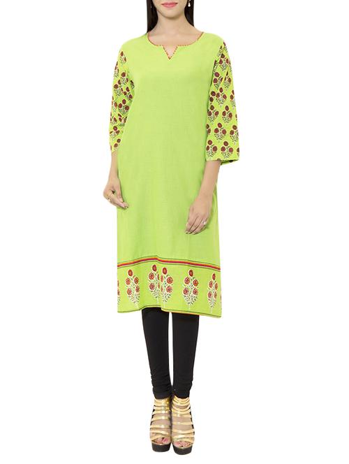 green cotton printed straight kurta - 13718876 - Very Small Image - 1