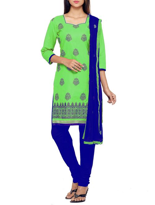 green cotton embroidered churidaar suits unstitched suit - 13720337 - Standard Image - 1
