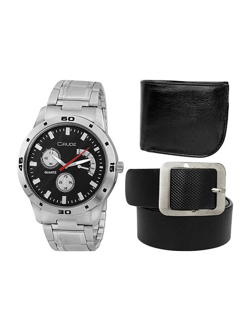 Crude Combo of Black Dial Watch-rg716 With Black Leather Belt & Wallet - 13742932 - Standard Image - 1