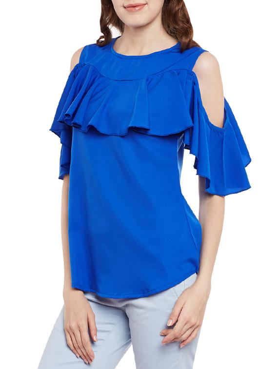 blue poly crepe ruffle top - 13744564 - Zoom Image - 2