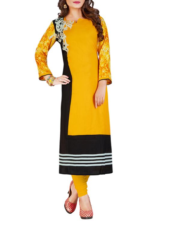 mustard rayon colour block long kurta - 13746317 - Zoom Image - 1