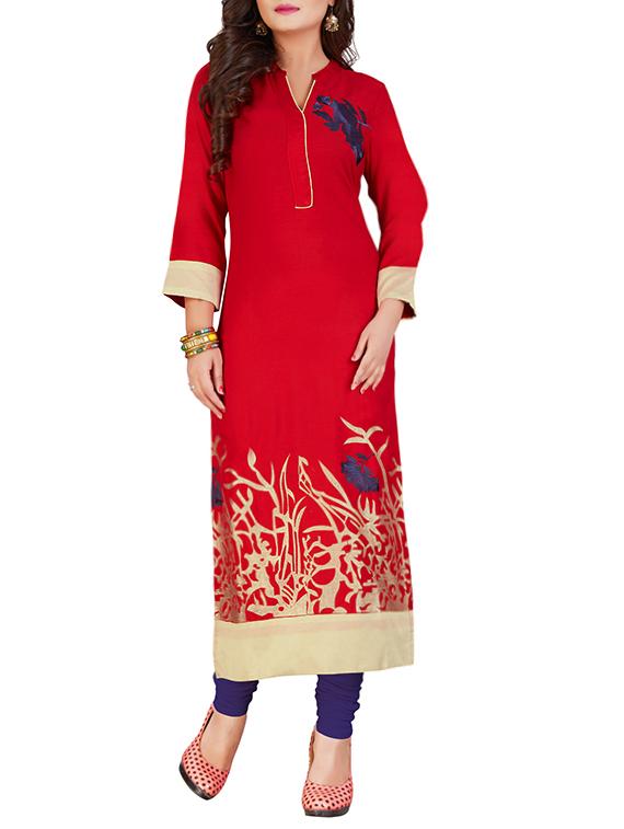 red rayon embroidered long kurta - 13746319 - Zoom Image - 1