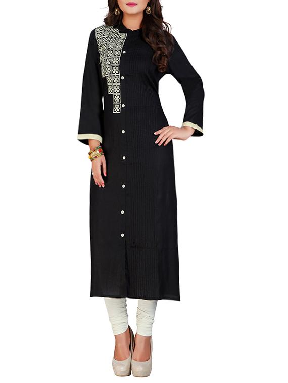 black rayon embroidered long kurta - 13746322 - Zoom Image - 1