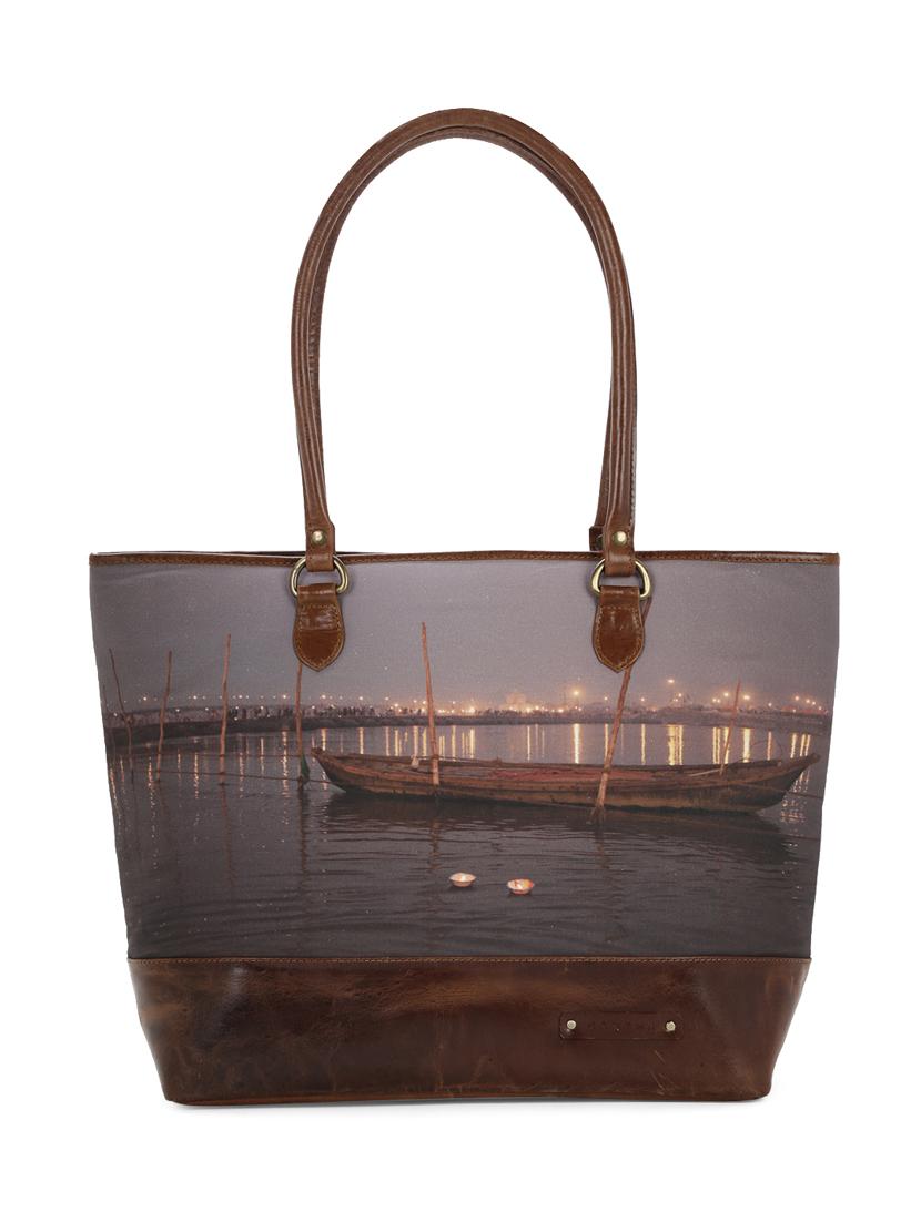 brown canvas printed tote