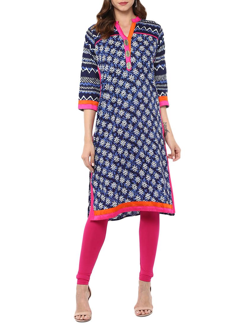 blue cotton printed straight kurta - 13750806 - Zoom Image - 1