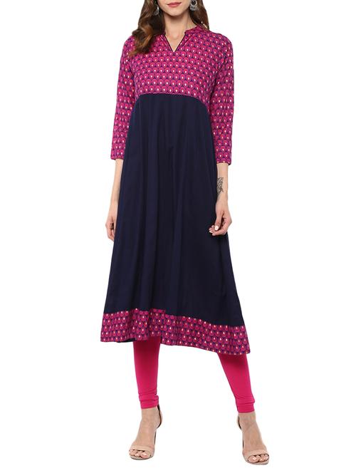 blue cotton printed a-line kurta - 13750811 - Standard Image - 1