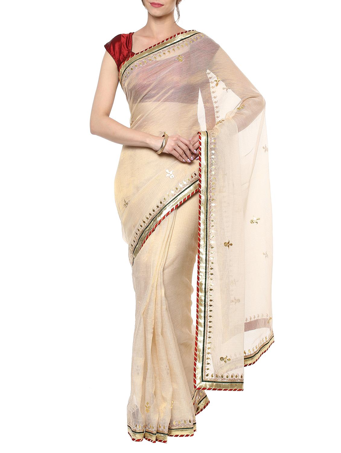 beige cotton blend gota patti saree with blouse - 13750901 - Zoom Image - 1