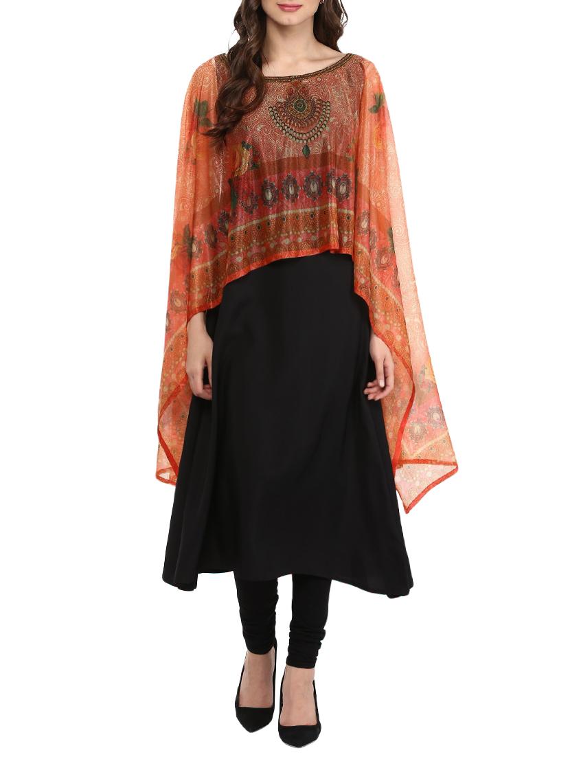 black crepe printed layered kurta