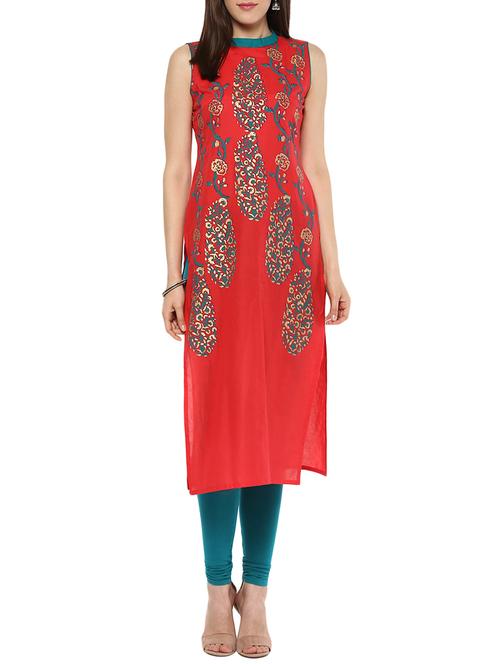 red cotton block printed straight kurta - 13762880 - Standard Image - 1