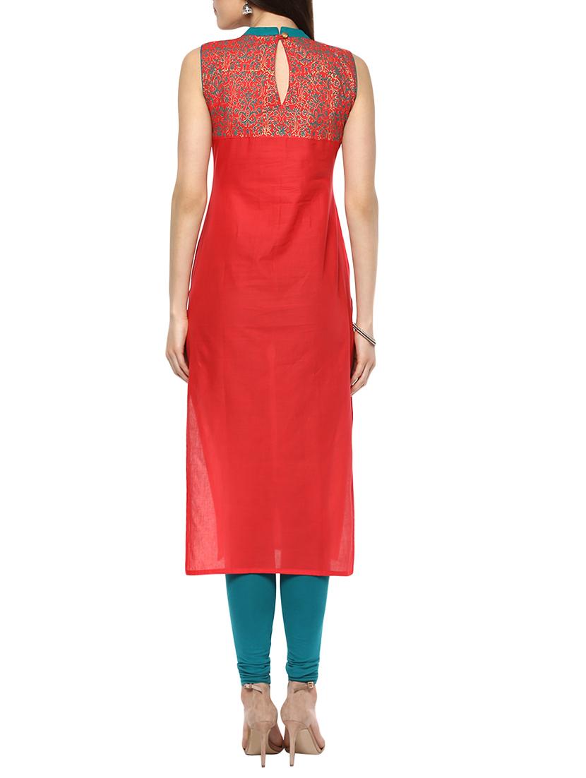 red cotton block printed straight kurta - 13762880 - Zoom Image - 2