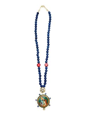 blue agate beads accent an unusual hand painted radha krishan pendant - 13773961 - Standard Image - 2