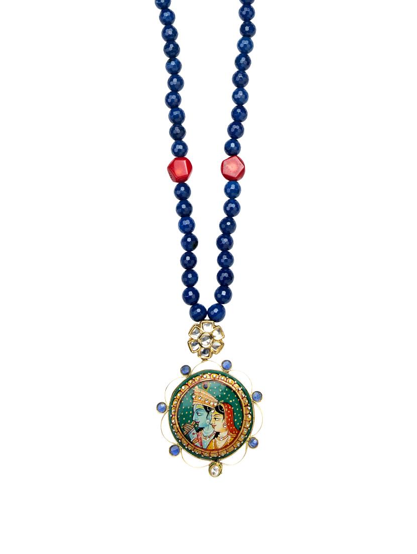 blue agate beads accent an unusual hand painted radha krishan pendant - 13773961 - Zoom Image - 1